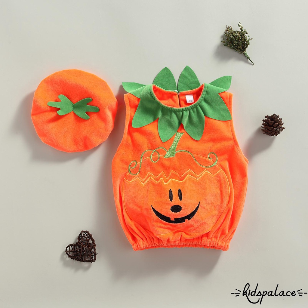 Set áo không tay thêu hình quả bí đỏ và quần dài phong cách Halloween cho bé