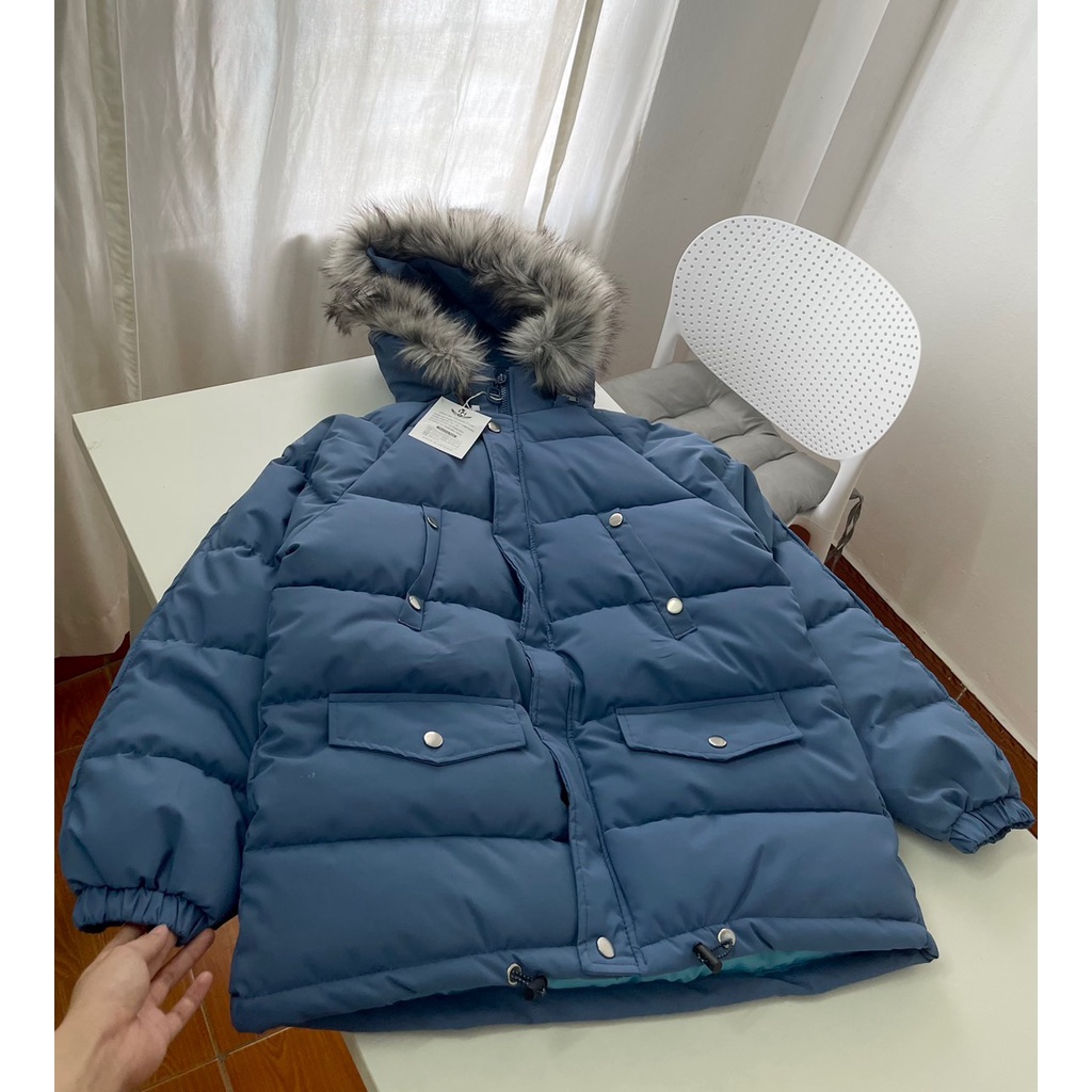 Áo phao béo kèm mũ lông tách rời ba màu xanh đen, xanh dương và xanh lá freesize dưới 70kg - Hàng chuẩn QCCC | BigBuy360 - bigbuy360.vn