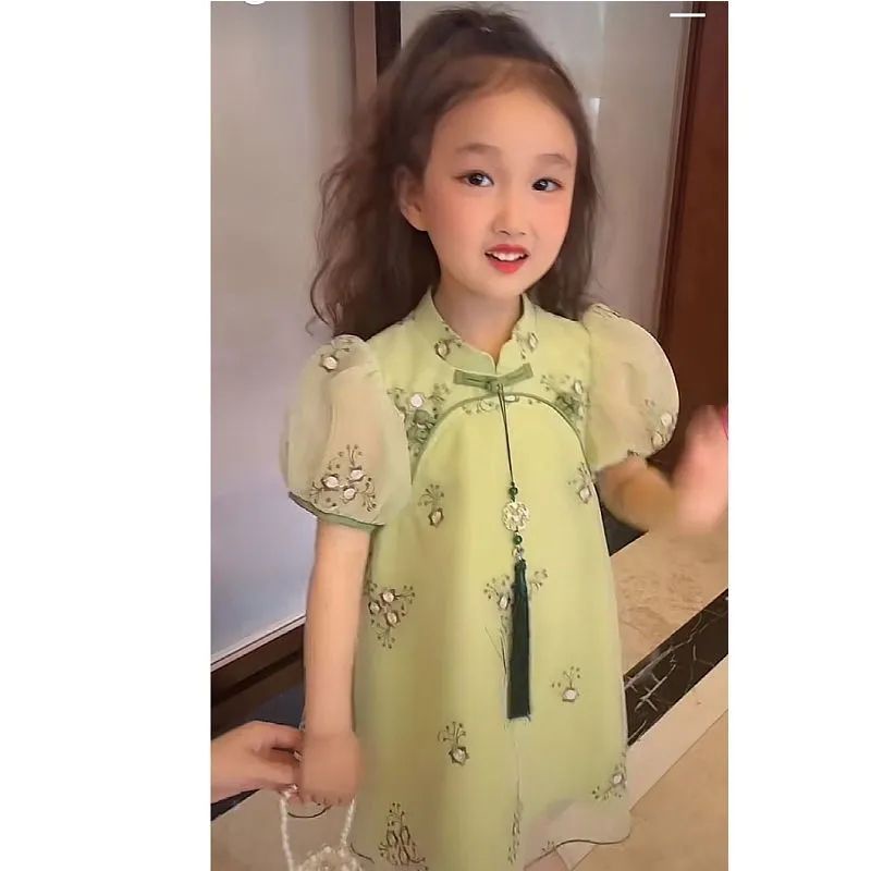 Đầm Sườn Xám Ngắn Tay Phong Cách Trung Hoa Xinh Xắn Cho Bé Gái