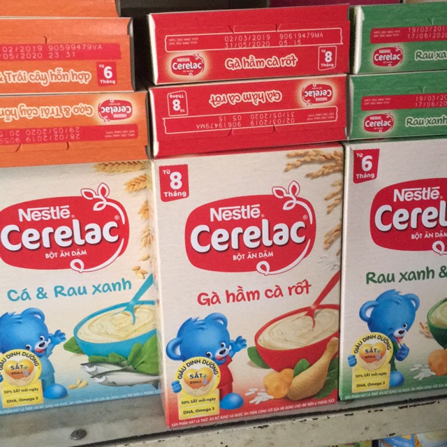 Bột ăn dặm Cerelac đủ vị ( gà hầm cà rốt, cá và rau xanh, gạo nứt trộn sữa...)