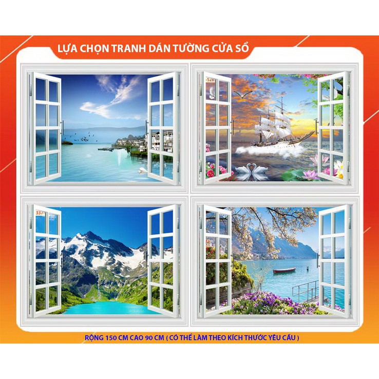 Tranh dán tường vải cao cấp in hình cửa sổ phủ kim tuyến 3D Kích thước 150 x 90