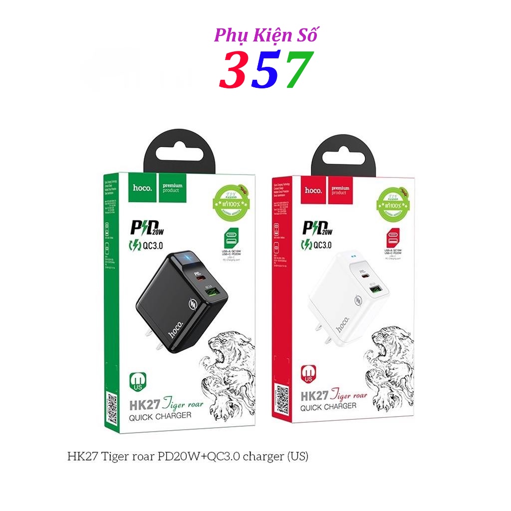 Cốc sạc PD20W Hoco HK27 QC3.0 chân dẹt ,chất liệu chống cháy cao cấp trang bị 2 cổng USB và Type-C