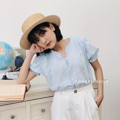 VIP Áo kiểu, áo vải xô, áo kiểu ngắn tay xếp li vai bèo cổ, mã 4083 hàng mới về 28/4/2021