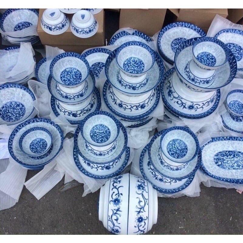 Bát đĩa xanh giả cổ - Bộ gốm sứ xanh lam cao cấp
