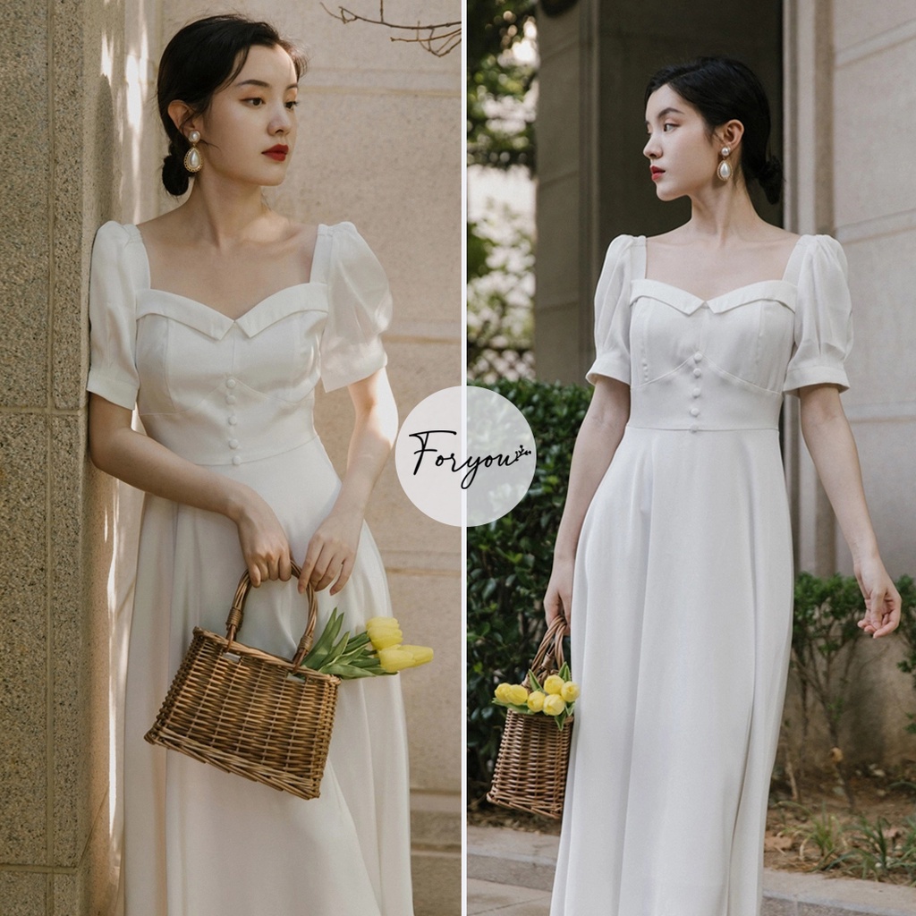 Flora Dress - Váy trắng tay bồng FORYOU dàng dài phối cổ vuông, đầm thiết kế dự tiệc