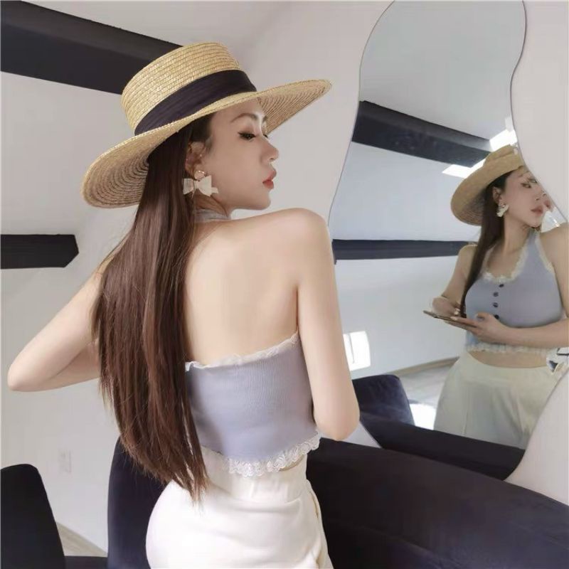 Áo len cổ yếm viền ren croptop hàng QC