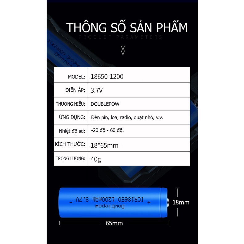 Pin sạc 18650 Lithium 1200mAh (xanh) đầu nhọn/bằng chính hãng Doublepow công suất cao