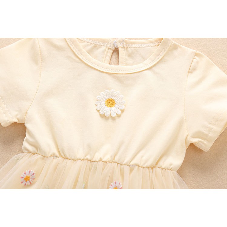 Áo Liền Quần Bằng Cotton Tay Ngắn Phối Lưới Thêu Họa Tiết Dễ Thương Thời Trang Cho Bé Gái Sơ Sinh 0470