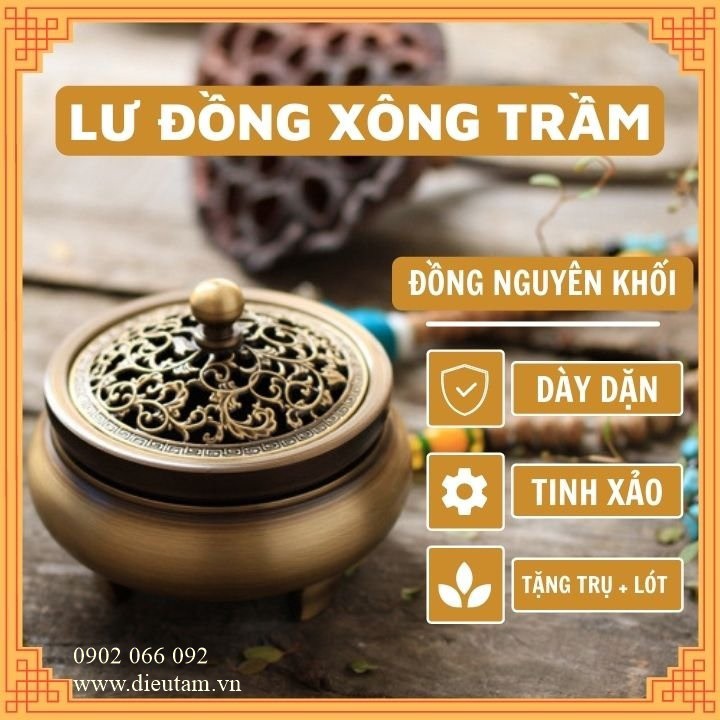 Lư xông Trầm hương chất liệu đồng nguyên khối - chọn mẫu đôn , đế lư đồng thay lư điện Tặng trụ cắm