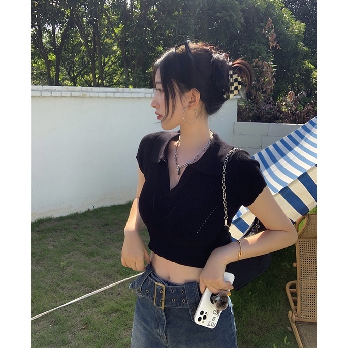 Áo thun crop top XIAOZHAINV tay ngắn cổ bẻ phong cách Hàn Quốc 4 màu sắc thời trang cá tính cho nữ