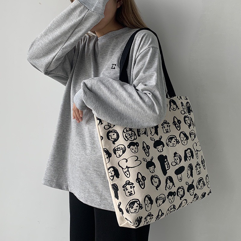 Túi tote HAZIN vải canvas phối quai đen ulzzang unisex đi học đi làm có khoá miệng ngăn phụ nhỏ đựng vừa khổ a4