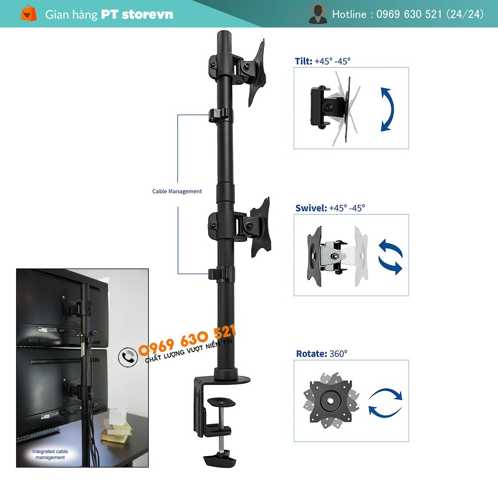 Giá Treo 2 Màn Hình 17 – 27 Inch Kẹp Bàn M063 Trụ Cao 80 Cm - Xếp Màn Trên / Dưới - Xoay Màn 360°