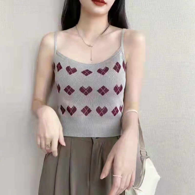 Brroa Áo Croptop Dệt Kim Hai Dây Không Tay Họa Tiết Trái Tim Kim Cương Tương Phản Cổ Điển Mùa Hè Cho Nữ