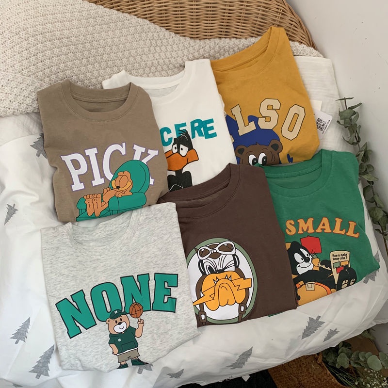 Áo Thun Cotton Trơn Tay Ngắn Cổ Tròn In Chữ Hoạt Hình Dành Cho Trẻ Em