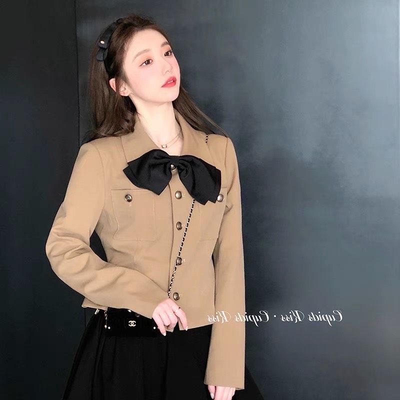 Áo Khoác Croptop Nữ Cổ Nơ Màu Nâu - Hl