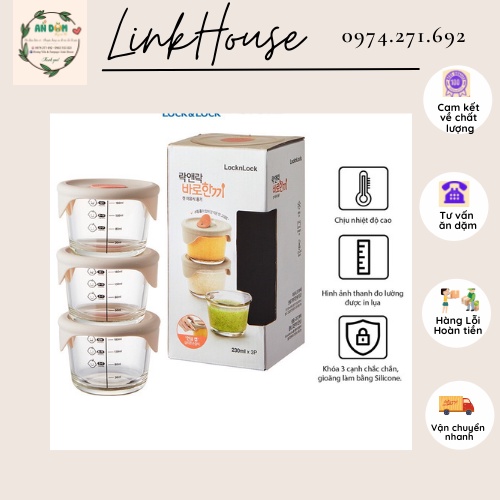 Cốc,Bát (Hũ) thủy tinh chia vạch Lock&Lock LLG508 nắp mềm dung tích 230ml đựng thức ăn cho bé theo từng tháng tuổi