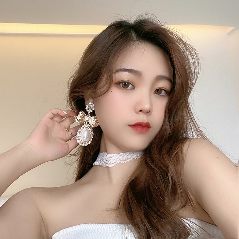 Bông Tai Bạc 925 Hình Nơ Đính Đá Ngọc Trai Phong Cách Thời Trang Hàn Quốc