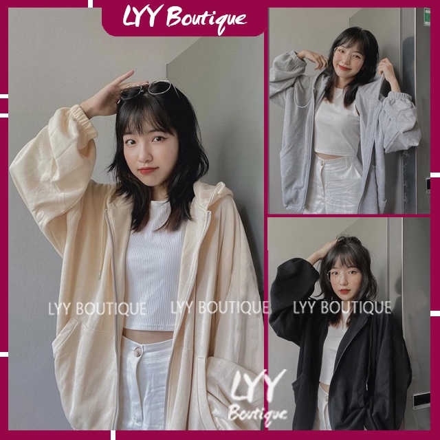 Áo khoác nữ hoodie chất nỉ tăm Quảng Châu có mũ tay phồng dáng rộng oversize LYY BOUTIQUE