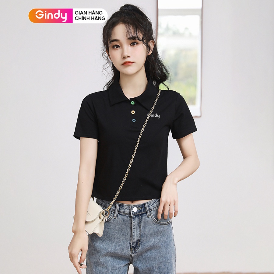 Áo polo nữ dáng lửng tay ngắn chất cotton GINDY basic 2 màu đen, trắng thời trang nữ mặc đi làm đi học đi chơi A8110