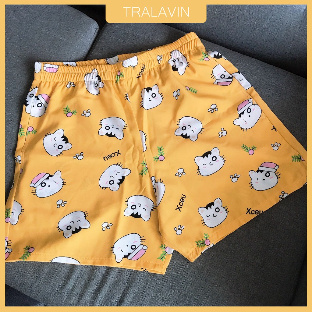 Quần ngủ nam Chú Mèo Vàng, đồ mặc nhà, chất liệu Lụa thoáng mát, hoạ tiết hoạt hình [ Tralavin ]