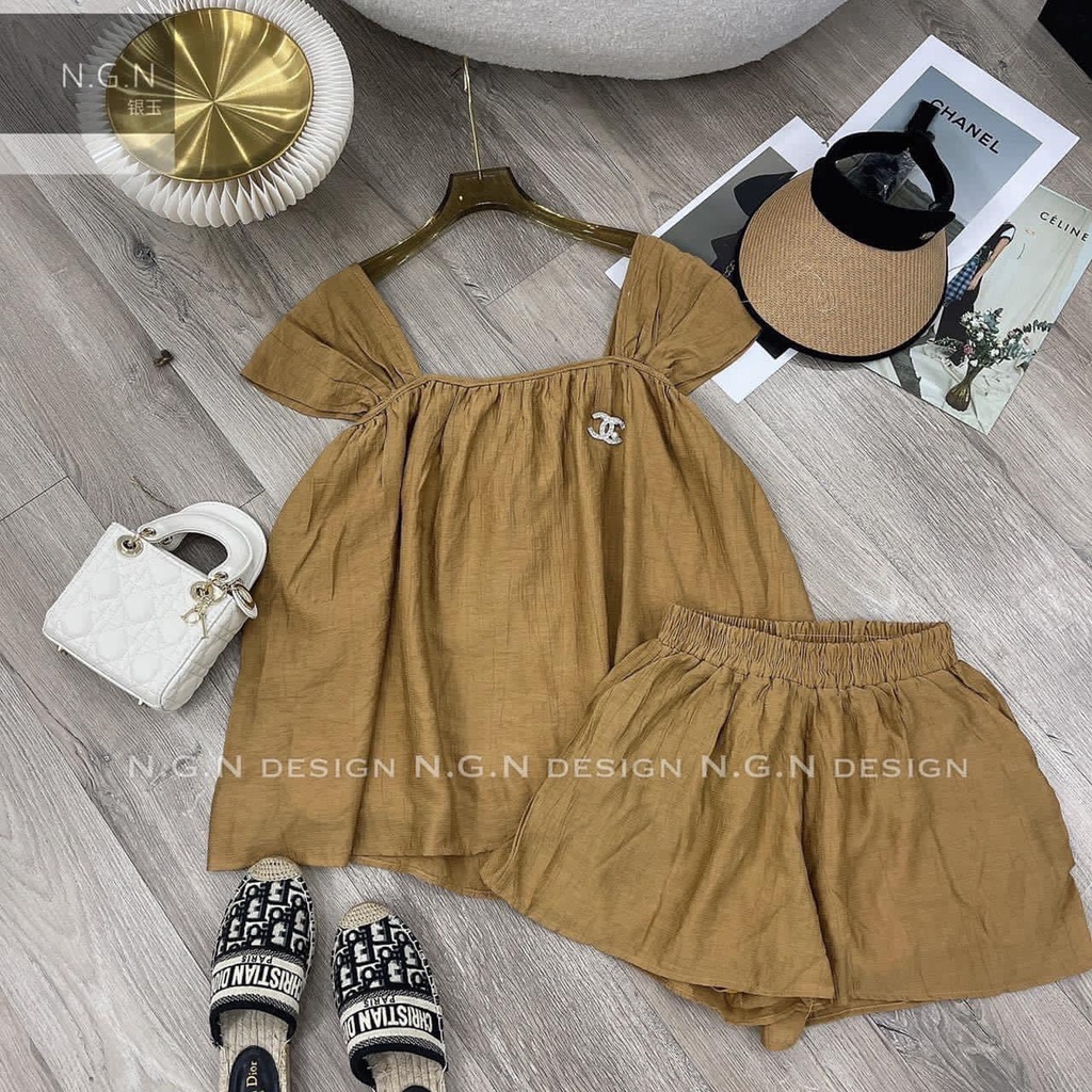 Set bộ đũi bẹt vai cổ vuông bo ngực đũi mát kèm tang cài áo vanmiushop