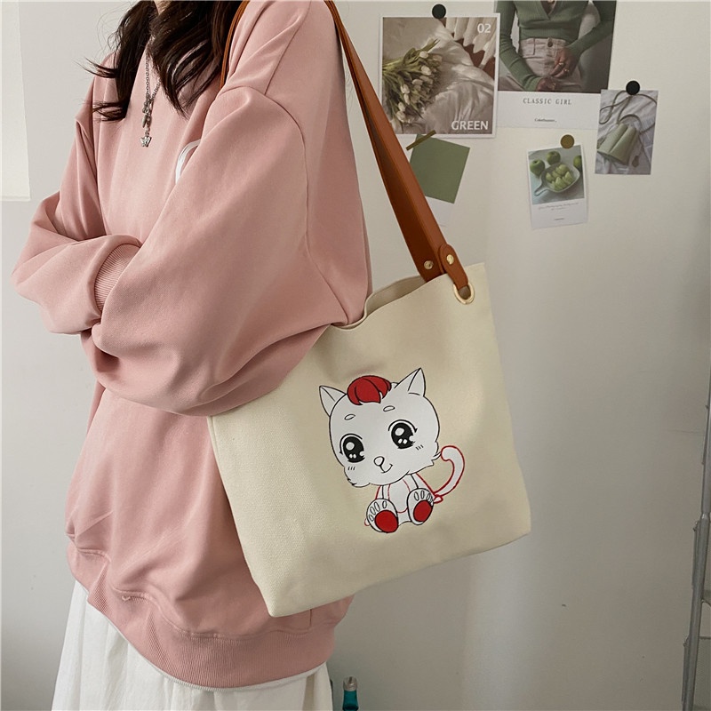Túi đeo vai vải canvas sức chứa lớn họa tiết hoạt hình thời trang Hàn Quốc 2021