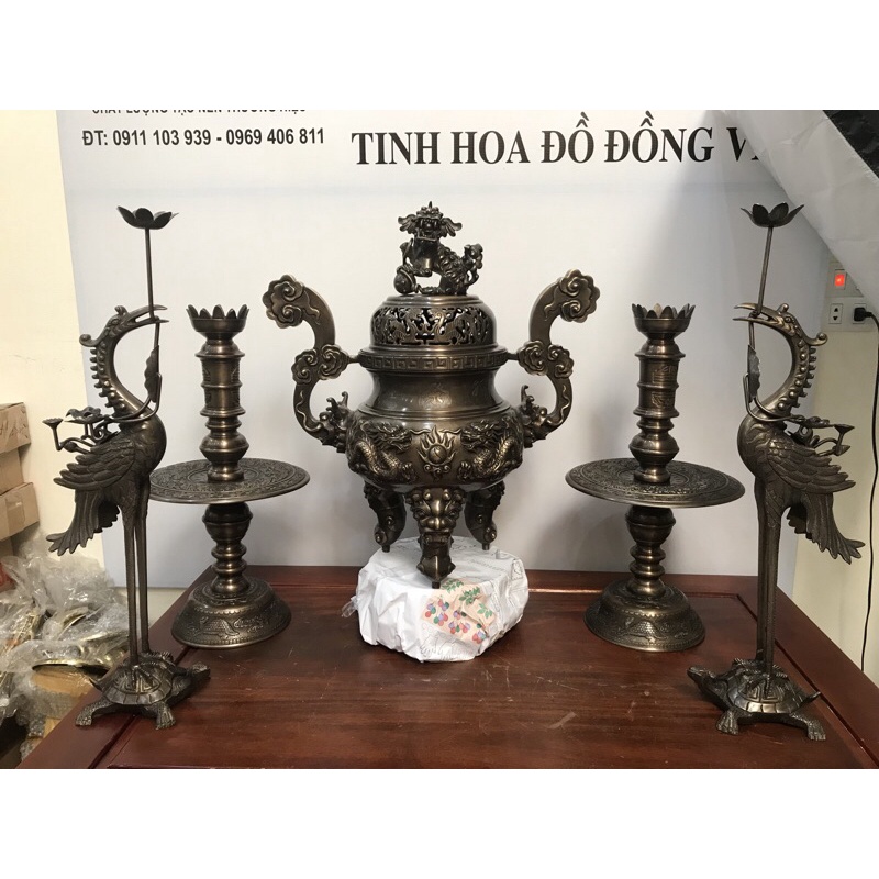 Bộ Đỉnh Thờ Ngũ Sự  Bằng Đồng Vàng Cattut Hun Giả Co Cao 70cm