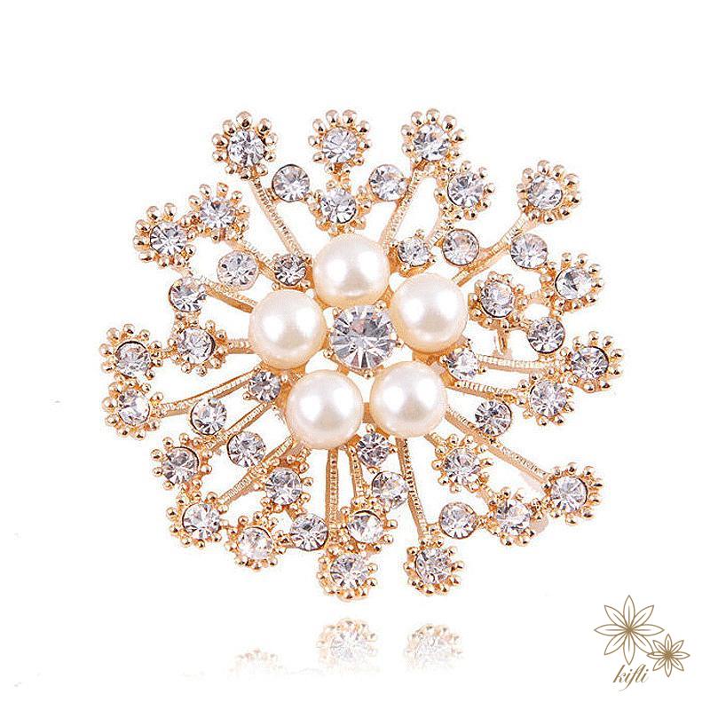 【kifli】Ghim gài áo hình hoa tuyết mạ vàng đính đá và ngọc trai nhân tạo phong cách Hàn Quốc