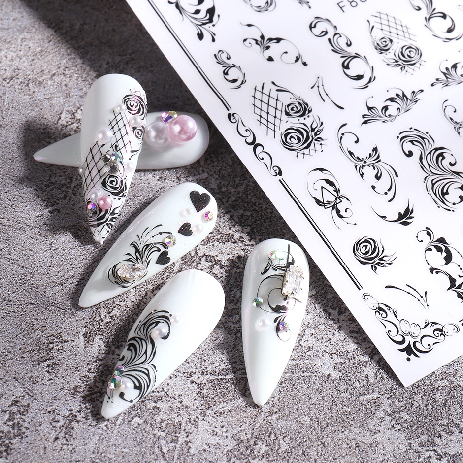 Miếng dán trang trí móng tay nghệ thuật STZPRONAIL kiểu dáng hoa lá 3D màu đen trắng thời trang xinh xắn