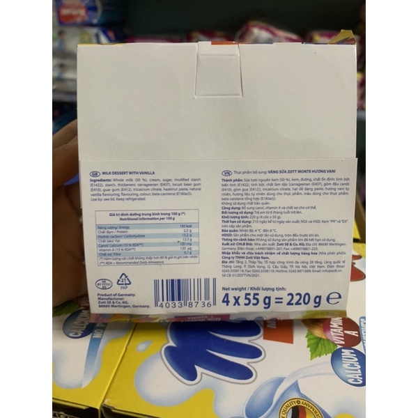 Váng Sữa Zott Monte Hương vani/ socola vỉ 4hộp *55g