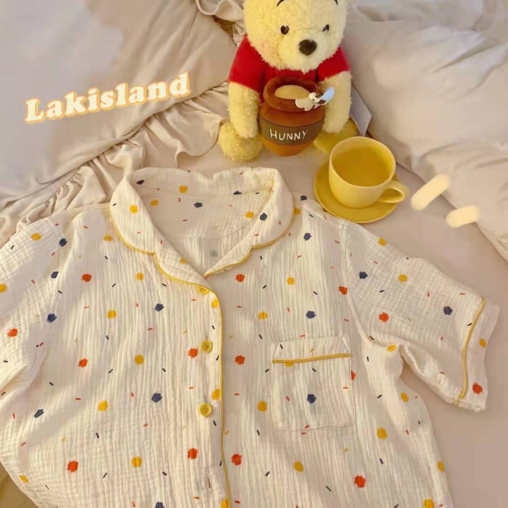 [CÓ SẴN] Đồ ngủ pijama vàng chấm bi nhiều màu đồ mặc nhà cộc tay quần đùi dễ thương Hàn Quốc ullzang