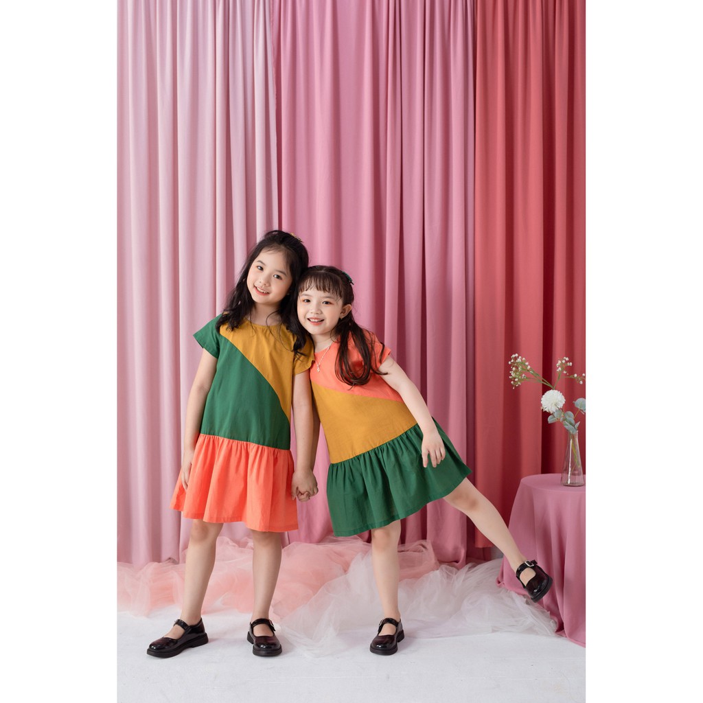 [LITTLE PINK] MORGANE DRESS - Váy chắp ghép 3 màu bé gái