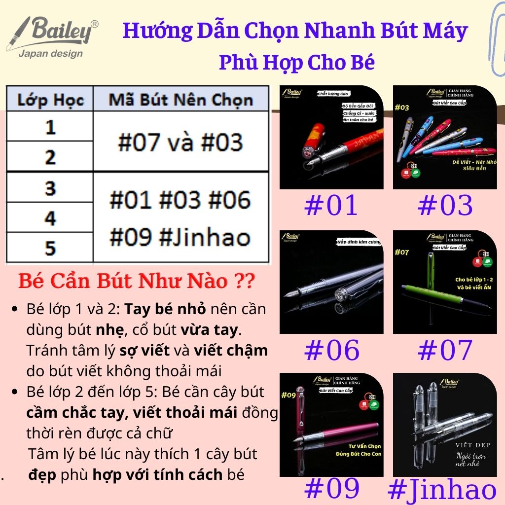 Bút Máy Luyện Chữ Cho Bé Tập Viết Lớp 1 2 - Nhẹ - Bền - Dễ Viết Và Trơn Không Mỏi Tay - Viết Mực Chính Hãng Bailey 07