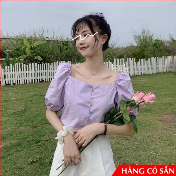 Áo bánh bèo hở vai tay phồng ngắn cổ vuông màu tím dễ thương điệu đà sang chảnh thời trang áo kiểu nữ 2020 ྇