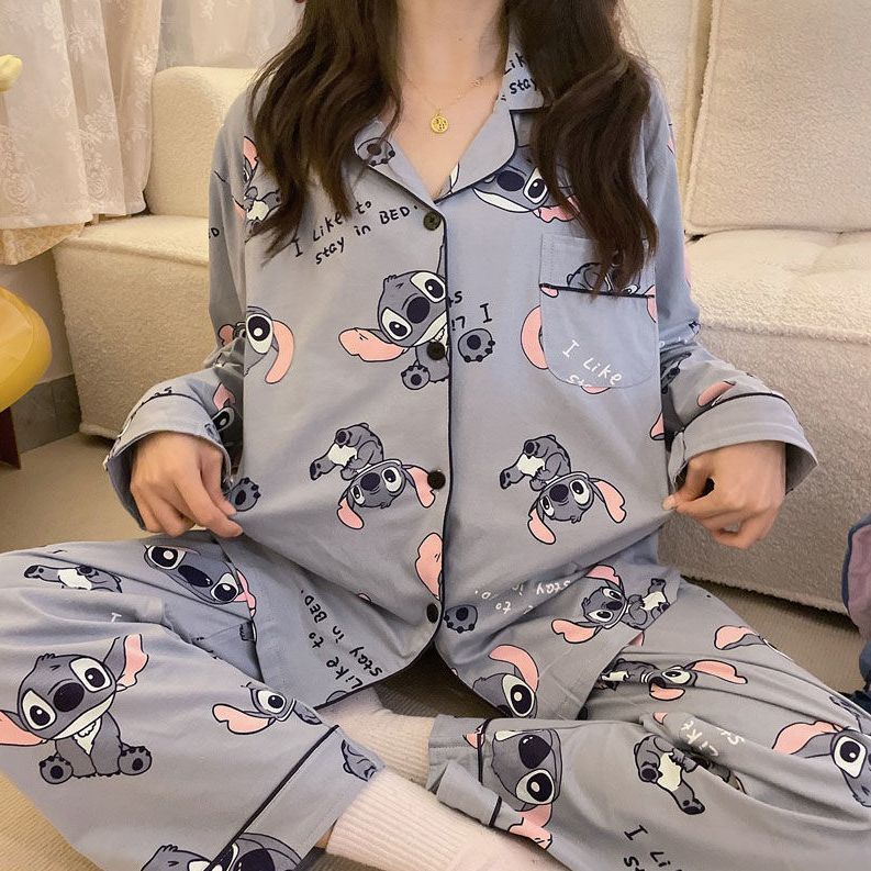 Bộ Đồ Ngủ Tay Dài In Hình Stitch Hoạt Hình Dễ Thương Ngọt Ngào Thời Trang Xuân Thu Mặc Ở Nhà