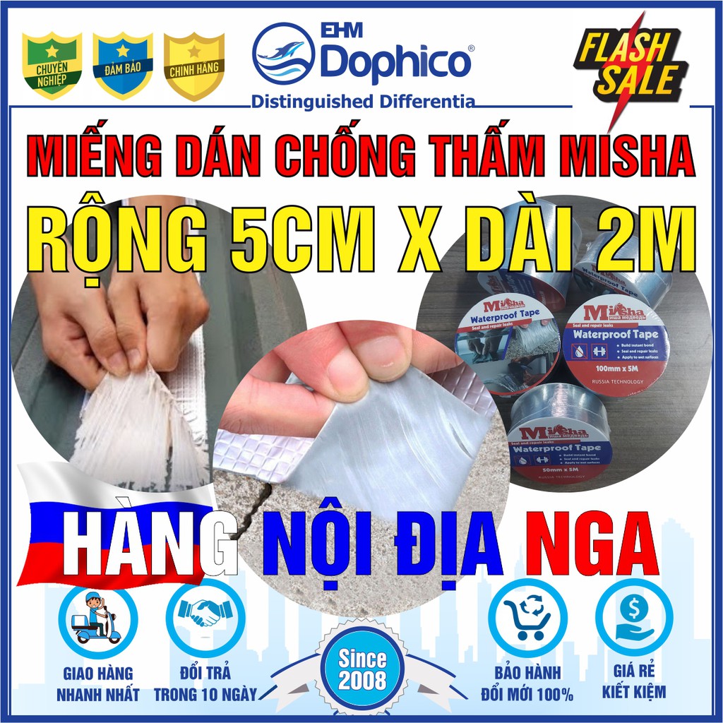 Miếng dán chống thấm Misha rộng 5cm x dài 2m – Băng keo chống thấm dột – Bịt rò rỉ ống nước