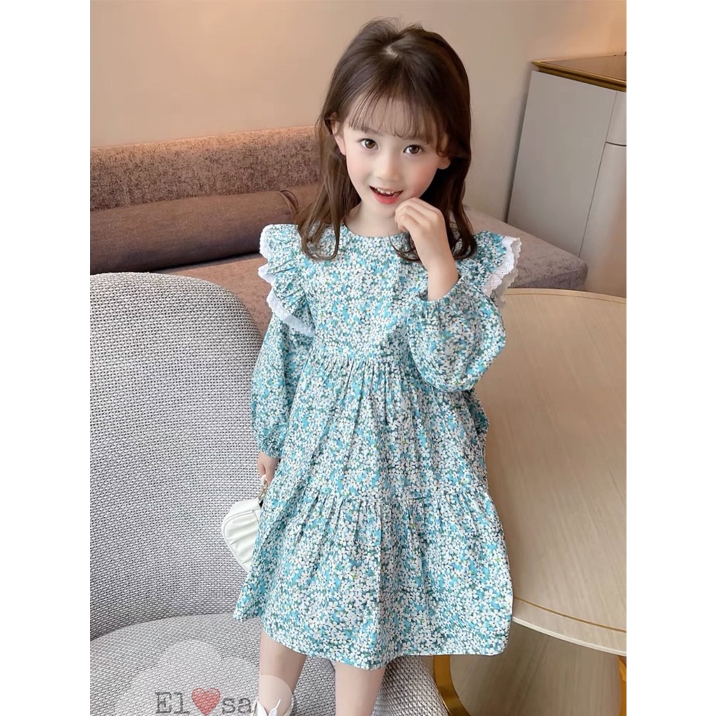 Váy bé gái dài tay tay cánh tiên ren hoa nhí xanh 8-30kg XHN1075