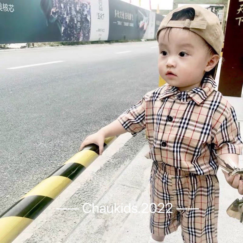 Bộ sơ mi kẻ nâu bbr 1 màu cho bé