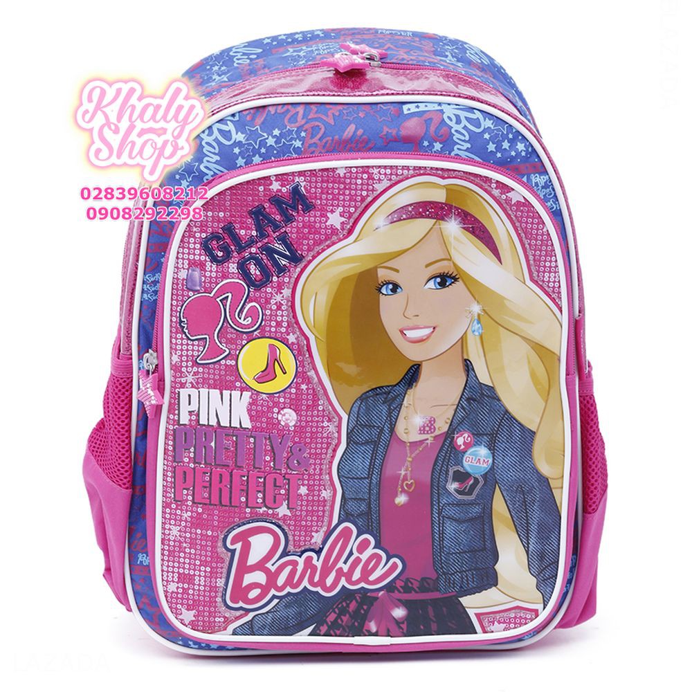 Balo trẻ em 15'' hình Barbie màu hồng viền xanh lấp lánh dành cho học sinh , bé gái - BLBAGU15HX (30x13x38cm)