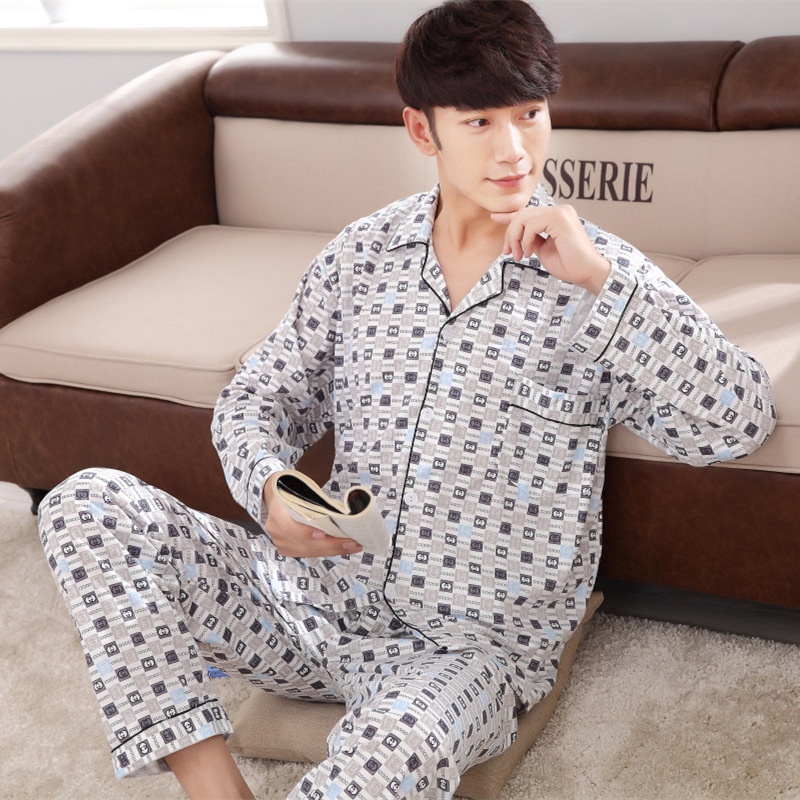 Bộ đồ ngủ cotton dệt kim tay dài phong cách mới dành cho nam trung niên