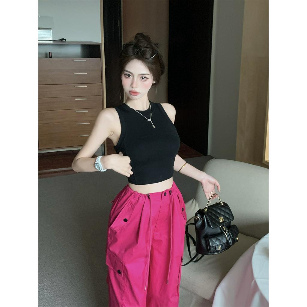 QADCOL Set Áo Thun Không Tay + Quần ống rộng Lưng Cao Thời Trang Mùa Hè Cho Nữ