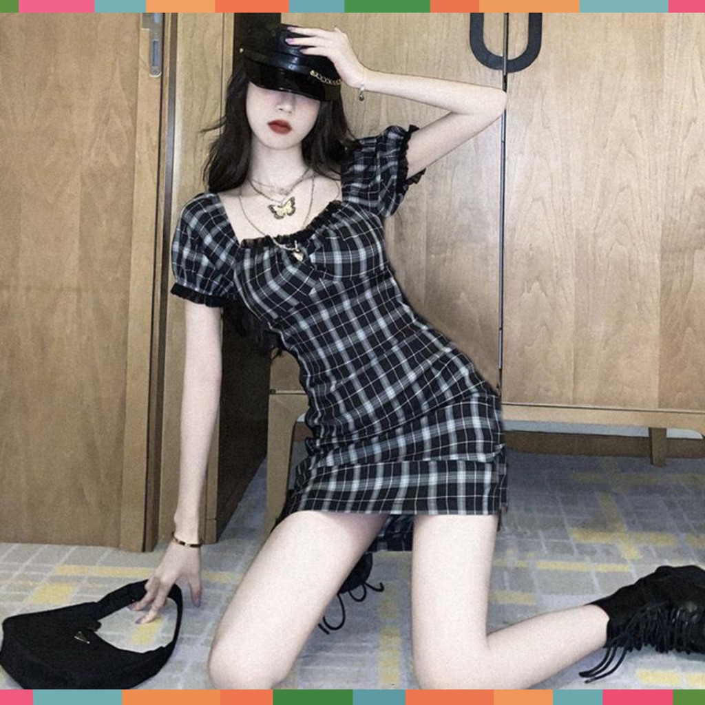 Đầm Nữ Kẻ Đen Bèo Ngực ️🎶 Váy Nữ Cộc Tay Cổ Vuông Dáng Ngắn | BigBuy360 - bigbuy360.vn