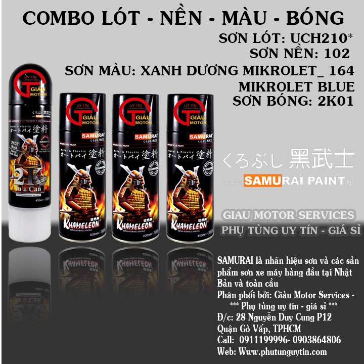 164 - BỘ SP 4 CHAI SƠN XỊT SAMURAI LÓT 1TP UCH210 NỀN TRẮNG 102 MÀU XANH DƯƠNG MIKROLET 164 BÓNG 2K01_ MÀU XANH DƯƠNG MI