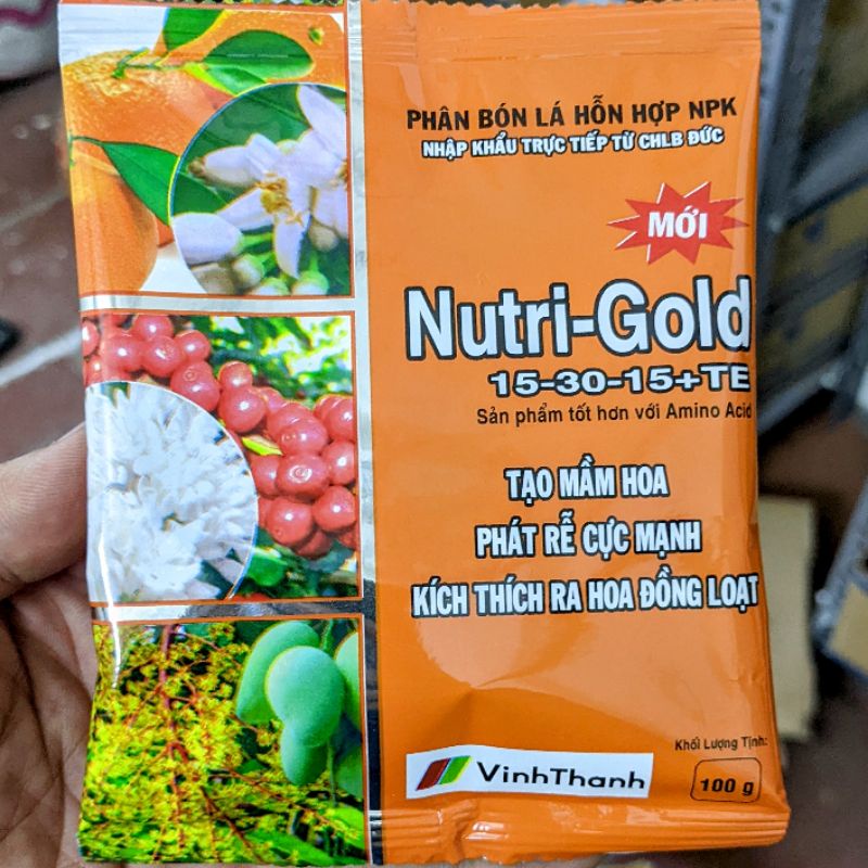 Phân bón Nutri Gold 15-30-15 (gói 100g). Tạo mầm hoa, kích ra hoa đồng loạt, ra rễ mạnh