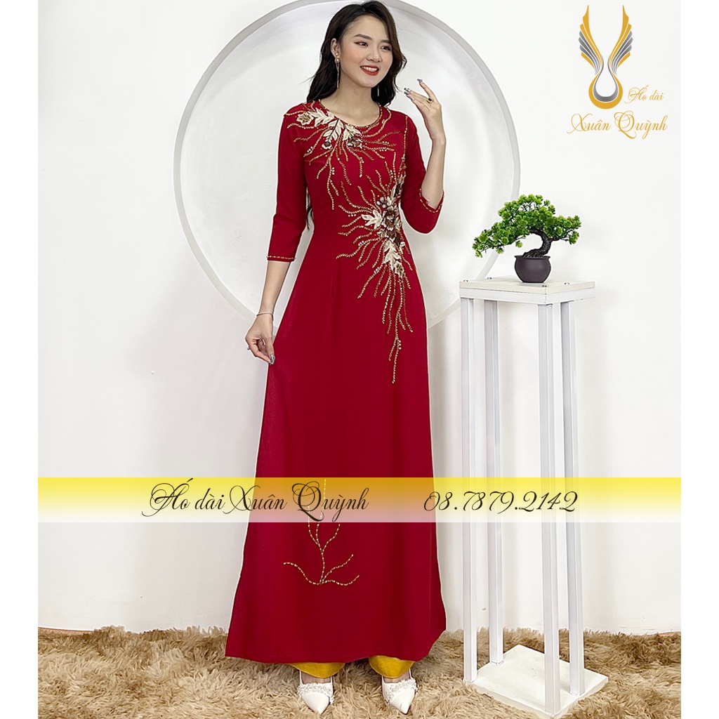 Áo Dài Sui Gia Màu Đỏ Đô Đính Hoa Thêu Thủ Công, Lụa Mỹ Cao Cấp M04 - Áo Dài Xuân Quỳnh