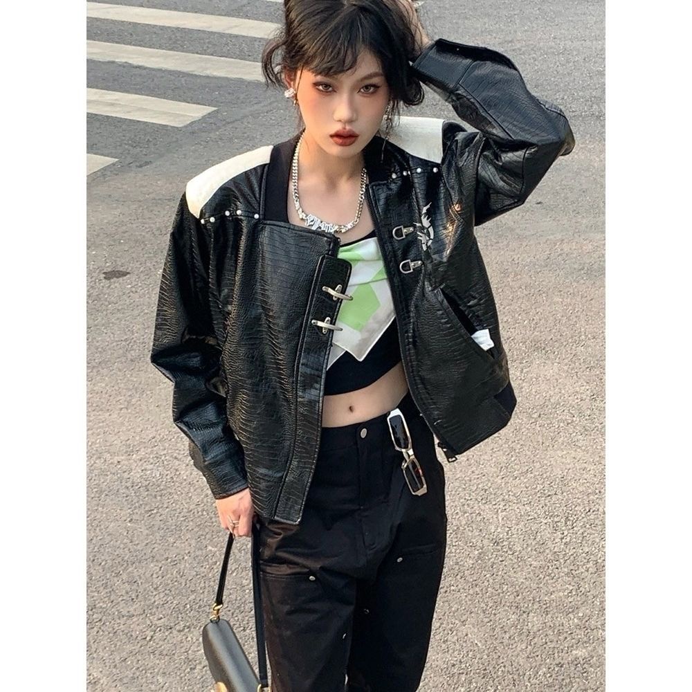 Áo Khoác Da Dáng Ngắn Phối Màu Tương Phản Thời Trang Đường Phố Cá Tính Cho Nữ