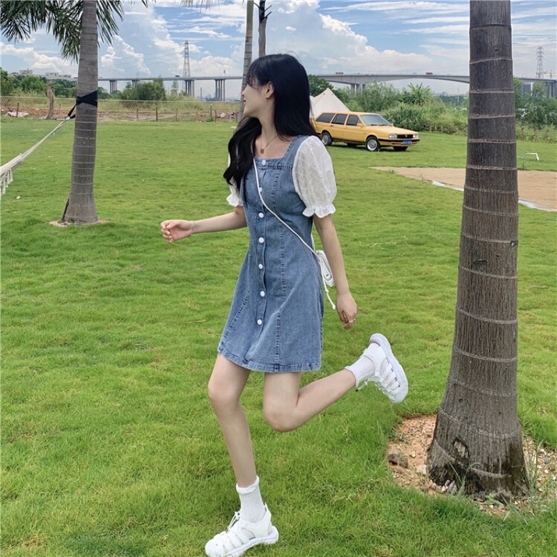 Váy vải bò/ đầm denim ngắn tay, tay bồng, hàng quảng châu loại 1