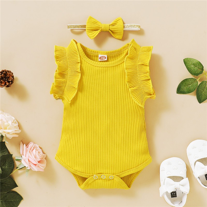 Bộ Áo Liền Quần Tay Ngắn Chất Cotton + Băng Đô Cài Tóc Mikrdoo Cho Bé