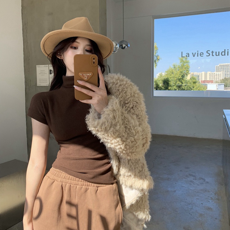 QKOOLE Áo thun cotton tay ngắn cổ cao phong cách Hàn Quốc cho nữ