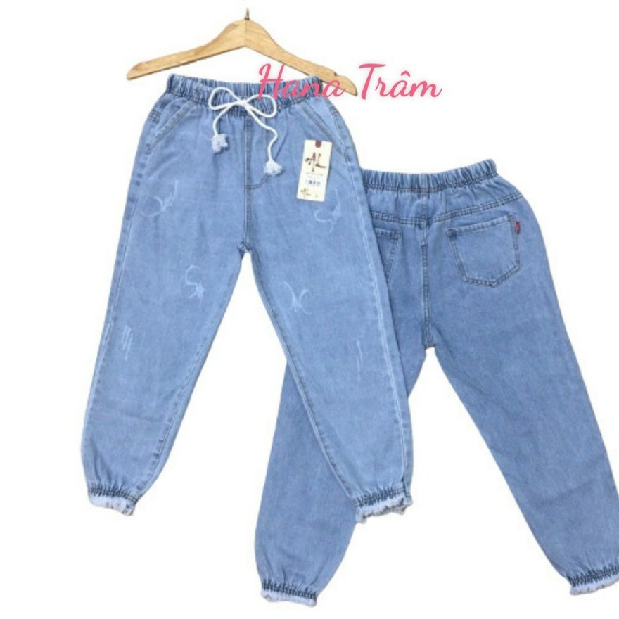 Quần baggy jean nữ lưng thun mẫu cào xước bo tua lai